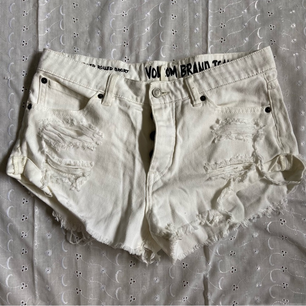 Volcom Women's Cream Distressed Jean Shorts
